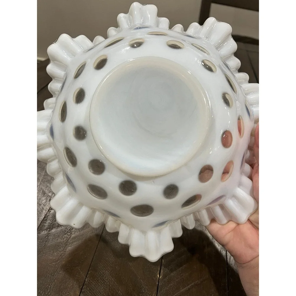 Vintage‎ Fenton White Opalescent Coin Dot Crimped Ruffle Console Bowl 10.25